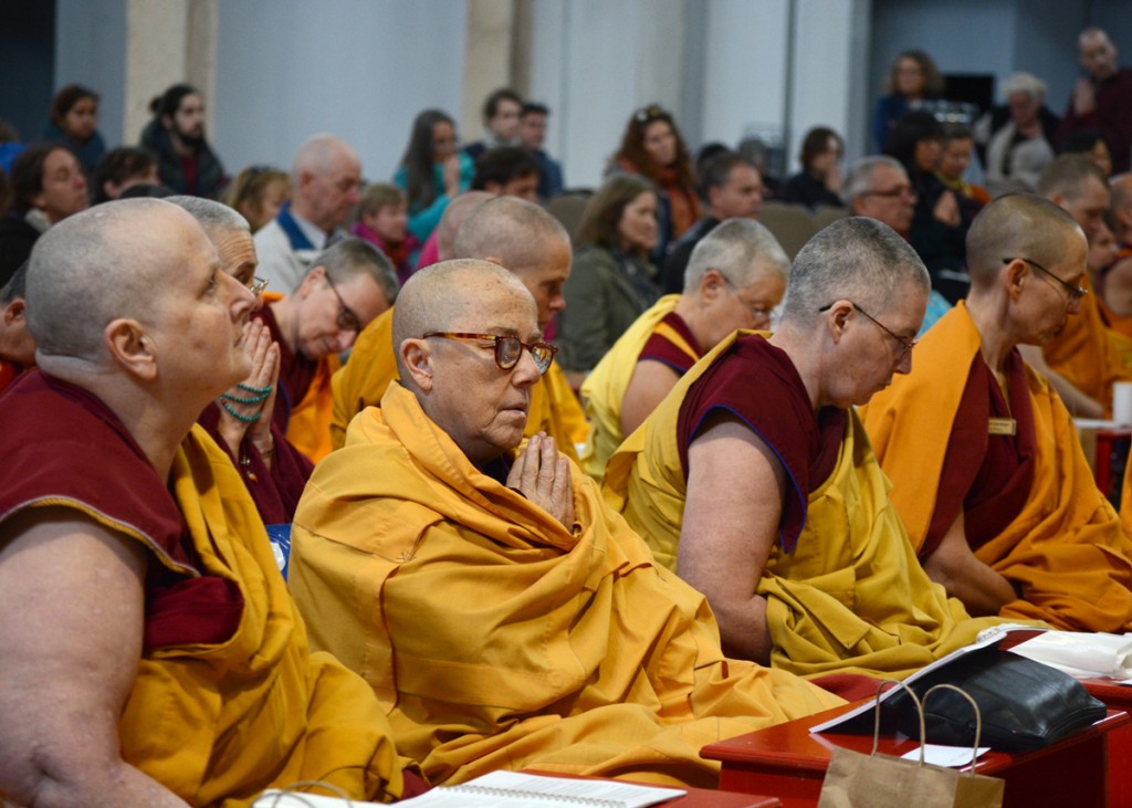 Sangha and lay students listen intently to the praises as they are read during the long life puja for Lama Zopa Rinpoche, Great Stupa of Universal Compassion, Australia, September 2014. Photo by Kunchok Gyaltsen.