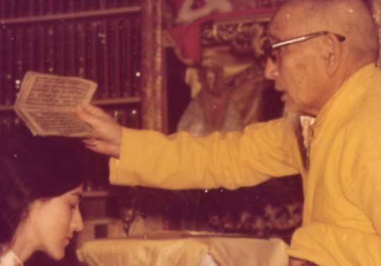 Geshe Wangyal blesses Anne Klein at the wedding of Anne and Harvey Aronson, 1976. Photo courtesy of Anne Klein.
