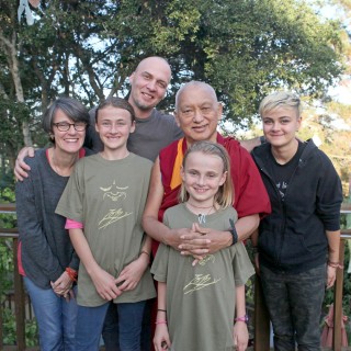 Lama Zopa Rinpoche with the Stafford family (from left) Mer, Mia, Troy, Maude and Maddy, California, October 2015. Photo by Ven. Lobsang Sherab.
