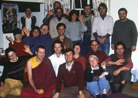 Group photo from the1984 CPMT meeting in England. Trisha, in a grey sweater, is standing in the back row. Photo courtesy of Lama Yeshe Wisdom Archive.