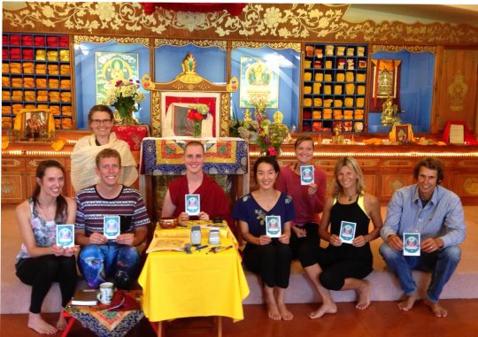 Ven. Lozang Yönten with the students of Mahamudra Centre, Colville, Coromandel, New Zealand, 2015. Photo by Sarah Brooks.