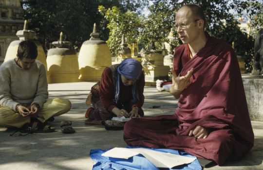 Dieter Kratzer teaching on vows at the request of Lama Yeshe, Main Stupa, Bodh Gaya, India, 1982. Photo by Ina Van Delden, courtesy of Lama Yeshe Wisdom Archive.