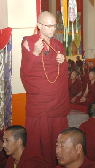 Ven. Tenzin Gache reciting from memorization during the  tsog sag, Sera Je Monastery, India, August 2013. Photo courtesy of Ven. Gache.