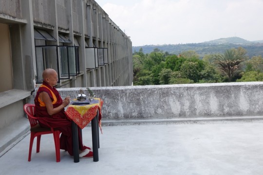 Lama Zopa Rinpoche doing an incense puja for those who are sick on his first day in Mexico, where Rinpoche was leading retreat, September 6, 2015. Photo by Ven. Roger Kunsang