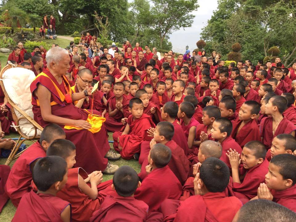 Lama Zopa Rinpoche offering an oral transmission to Sangha and others at Kopan Monastery shortly after the Nepal Earthquake of 2015.