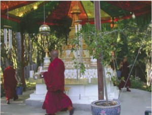 Sangha circumambulating stupa at Kachoe Dechen Ling,
Lama Zopa Rinpoche's residence in Aptos, CA