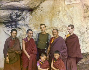 At the Lawudo Lama's cave, Nepal, 1972. From the left to right: unknown monk, Lama Zopa, Massimo Corona, Lama Yeshe, Jhampa Zangpo, with two new Mount Everest Centre novice monks. Photo courtesy of Lama Yeshe Wisdom Archive.