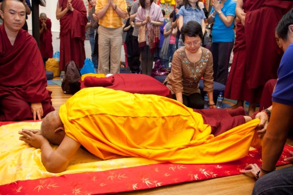 Lama Zopa Rinpoche making prostrations at Amitabha Buddhist Centre, Singapore, March 10, 2013. Photo courtesy of www.facebook.com/fpmtABC.