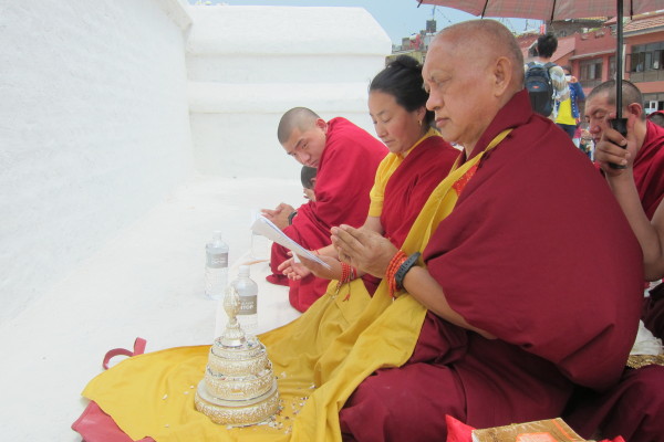 Lama Zopa Rinpoche and Khadro-la made special prayers for world peace at Boudhanath Stupa, April 2013. Photo by Ven. Sarah Thresher. 