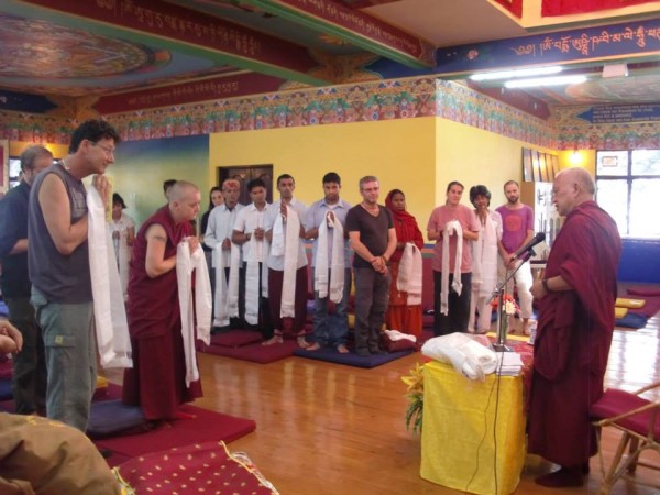 Lama Zopa Rinpoche thanks Tushita Meditation Centre staff and volunteers, May 25, 2013. Photo courtesy of Tushita Meditation Centre via Facebook.