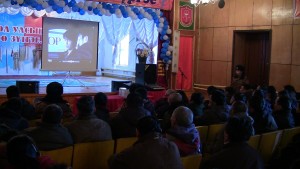 Guest speakers from Mongolian Association Against Alcoholism and Drug Abuse use video presentations to address alcohol addiction, 2013. Photo courtesy of Ani Thubten Gyalmo.