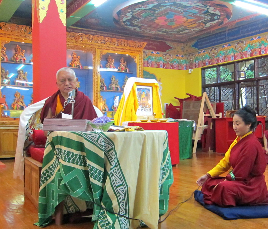 Lama Zopa Rinpoche during teaching on guru devotion with Khadro-la, Tushita Meditation Centre, India, June 2013. Photo by Ven. Sarah Thresher.