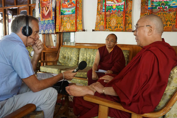 His Holiness the Dalai Lama being interviewed by Anthony Denselow, Leh, Ladakh, India, August 2012. Photo by Jeremy Russell. 
