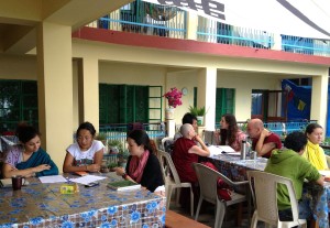 Lotsawa Rinchen Zangpo Translator Programme 6 students review with Tibetan conversation partners, Dharamsala, India, June 2013. Photo courtesy of Drolkar McCallum.