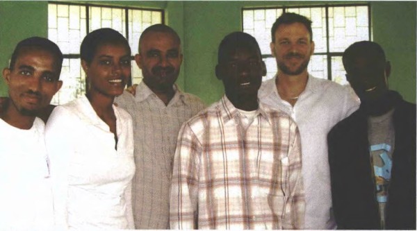 Second from right is Dr Brett Sutton; third from left is Tesfaye, an Ethiopian doctor. The others are Eritrean refugees Habtom, Haben, Ariah and Kebrom.