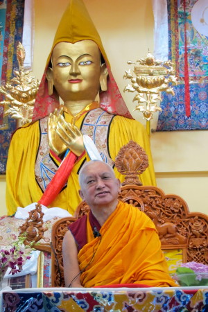 Lama Zopa Rinpoche teaching at Tushita Meditation Centre, Dharamsala, India, June 2013. Photo by Ven. Sarah Thresher.