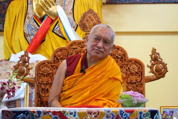 Lama Zopa Rinpoche teaching at Tushita Meditation Centre, Dharamsala, India, June 2013. Photo by Ven. Sarah Thresher.