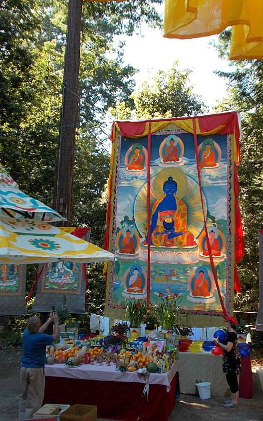 Large Medicine Buddha thangka painted by Peter Iseli at LMB's Medicine Buddha Festival, June 2013. Photo courtesy LMB's Facebook page.