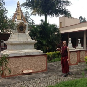 Tenzin Gache reciting in front of Stupa at Sera IMI House-001