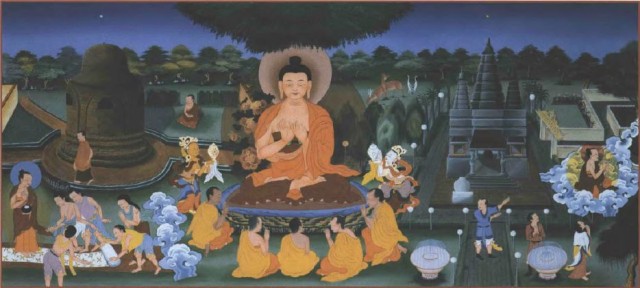 Buddha's eleventh deed: turning the wheel of the doctrine, ordaining five ascetics, and teaching the four noble truths. From panels at Land of Medicine Buddha painted by Thubten Gelek and Ngawang Kunkhen. Photo by Mark Oakney.