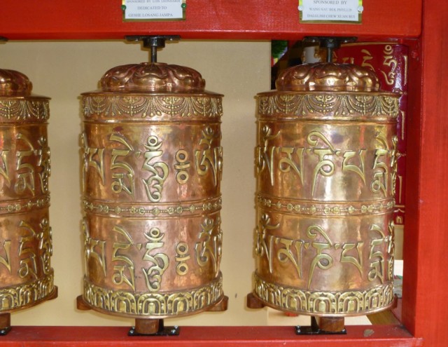 New prayer wheels from Nepal installed at the Garden of Enlightenment, Chenrezig Institute, Queensland, Australia, 2013. Photo by Ray Furminger.