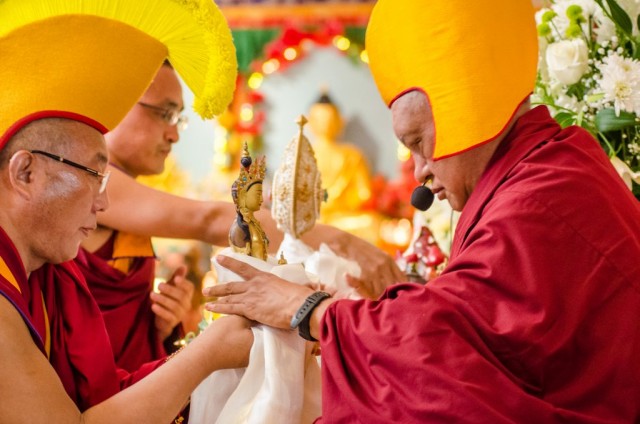 Dagri Rinpoche making offering to Lama Zopa Rinpoche during long life puja, Land of Medicine Buddha, California, September 29, 2013. Photo by Chris Majors.