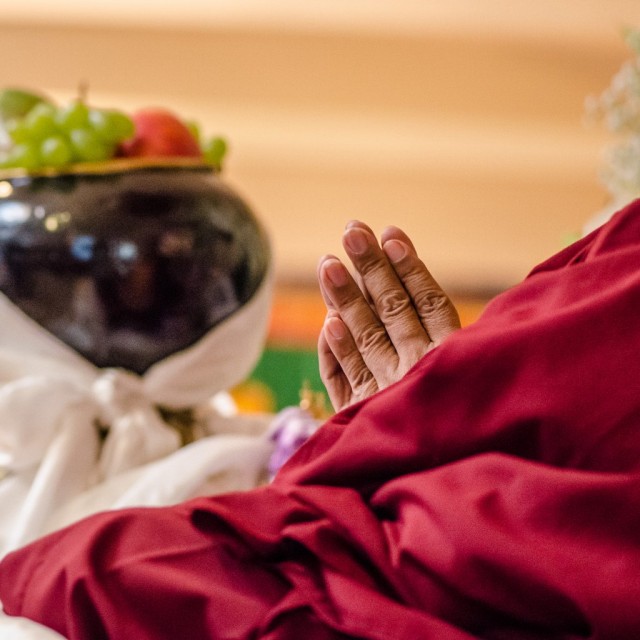 Lama Zopa Rinpoche at long life puja, Land of Medicine Buddha, California, September 29, 2013. Photo by Chris Majors.