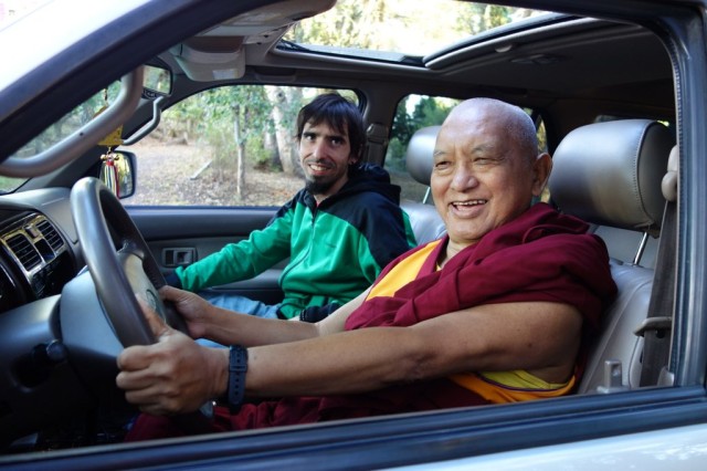 Lama Zopa Rinopche checks out Tenzin Ösel Hita's new car, Aptos, California, October 2013. Photo by Ven. Roger Kunsang.