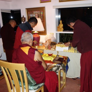 Vens. Tsering, Sangpo and Sherab with Rinpoche, Kachoe Dechen Ling, October 21, 2013. Photo by Ven. Roger Kunsang.