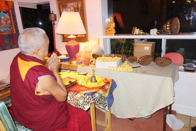 Lama Zopa Rinpoche blessing mantras for statues, Kachoe Dechen Ling, California, October 21, 2013. Photo by Ven. Roger Kunsang.
