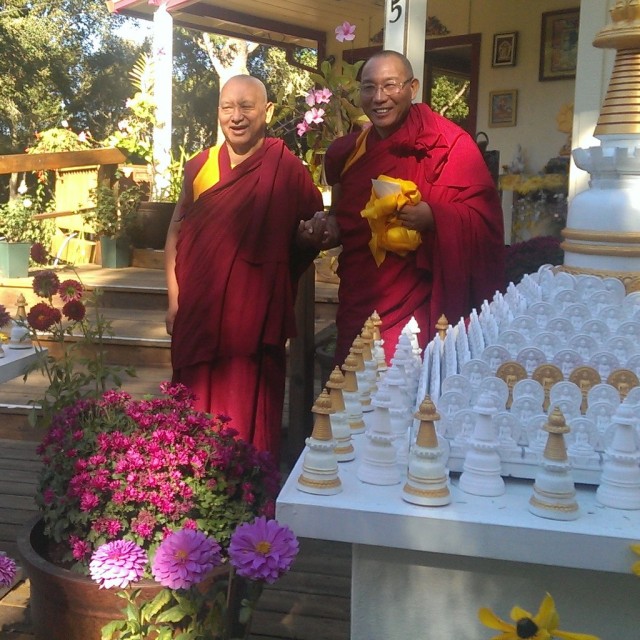 Dagri Rinpoche with Lama Zopa Rinpoche at Kachoe Dechne Ling on the morning of his departure back to India, Kachoe Dechen Ling, California, Oct 7, 2013. Photo Roger Kunsang.