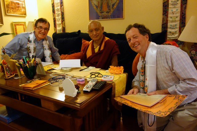 Lama Zopa Rinpoche with Dr. Ron Brown and Dr. Robbie Watkins, director of Kadampa Center, Kachoe Dechen Ling, October 5, 2013