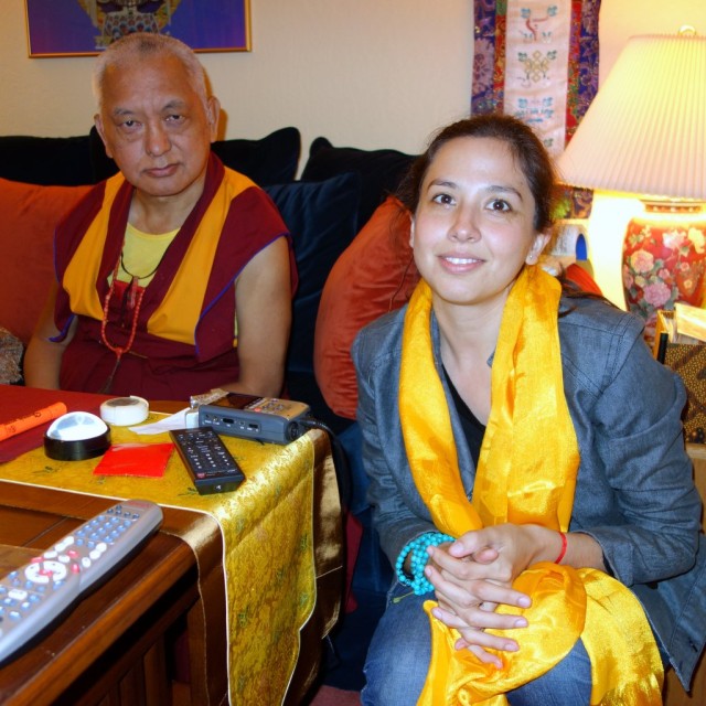 Lama Zopa Rinpoche with Dunia Cárcamo Pérez, director of Khamlungpa Center in Zapopan, Mexico, Kachoe Dechen Ling, October 2, 2013