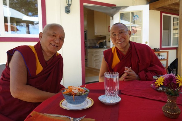Lama Zopa Rinpoche and Dagri Rinpoche at lunch, Kachoe Dechen Ling, Aptos, California, US, September 24, 2013. Photos by Ven. Roger Kunsang.
