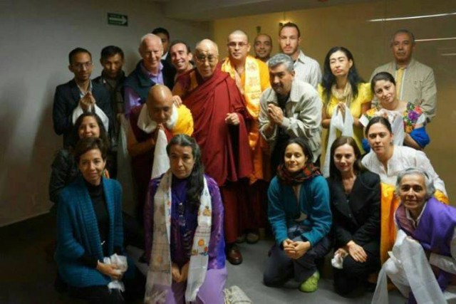 His Holiness the Dalai Lama with FPMT Mexico students, October 2013. Photo via FPMT Mexico's Facebook page.