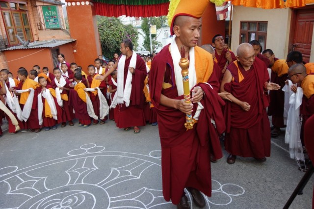 The young monks are the first to greet Rinpoche upon his return to Kopan Monastery, Nepal, November 22, 2013. Photo by Ven. Roger Kunsang.