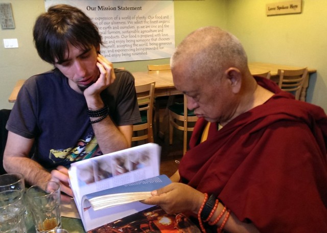 Lama Zopa Rinpoche and Tenzin Osel Hita, Santa Cruz, California, November 3, 2013. Photo by Ven. Roger Kunsang.