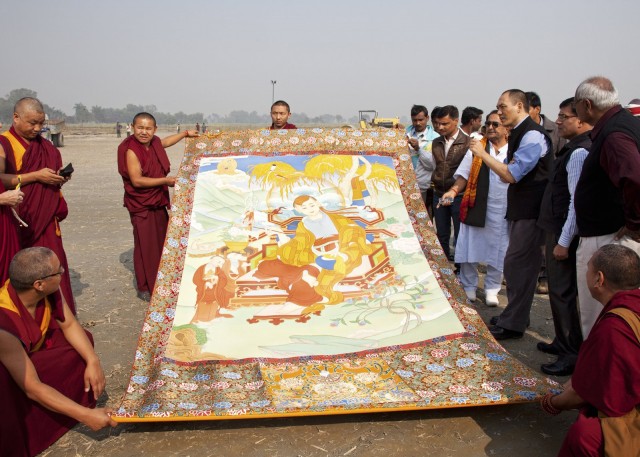 Thangka brought from Kopan Monastery for ceremony, Kushinagar, December 12, 2013. Photo by Andy Melnic.