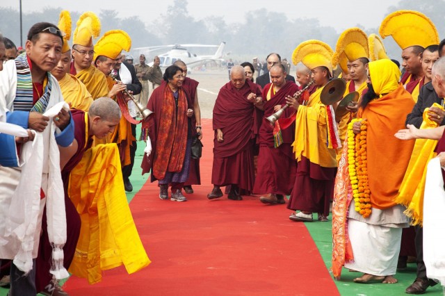 Lama Zopa Rinpoche arriving at Kushinagar, India, December 13, 2013. Photo by Andy Melnic.