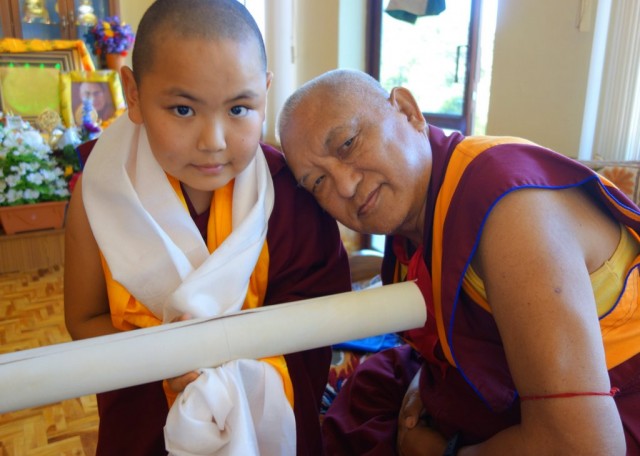 Tenzin Phuntsok Rinpoche and Lama Zopa Rinpoche, Sera Je Monastery, India, January 2014. Photo by Ven. Roger Kunsang.