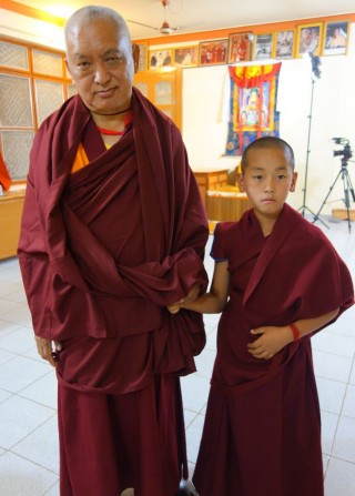 Lama Zopa Rinpoche with Ribur Rinpoche, Sera Je Monastery, India, January 2014. Photo by Ven. Roger Kunsang.