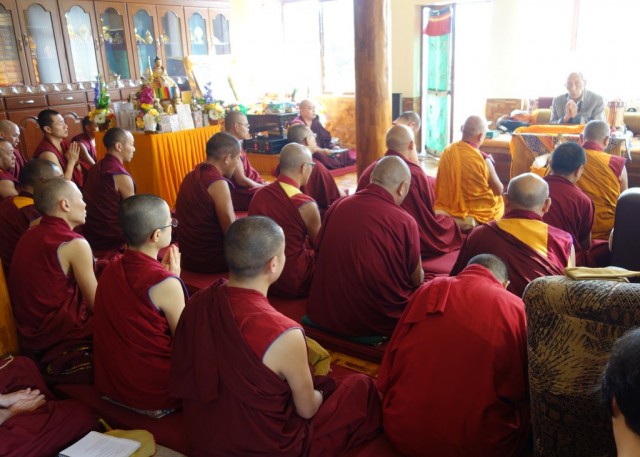 During the lung of HH Trijang Rinpoche's sum bum given by Khyongla Rato Rinpoche, Sera Je Monastery, India, January 2014. Photo by Ven. Roger Kunsang.