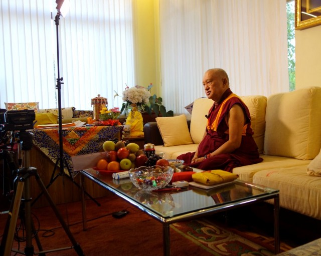 Lama Zopa Rinpoche explaining the path to enlightenment and how fortunate all are for a video interview, Osel Labrang, Sera Je Monastery, India, January 2014. Photo by Ven. Roger Kunsang.