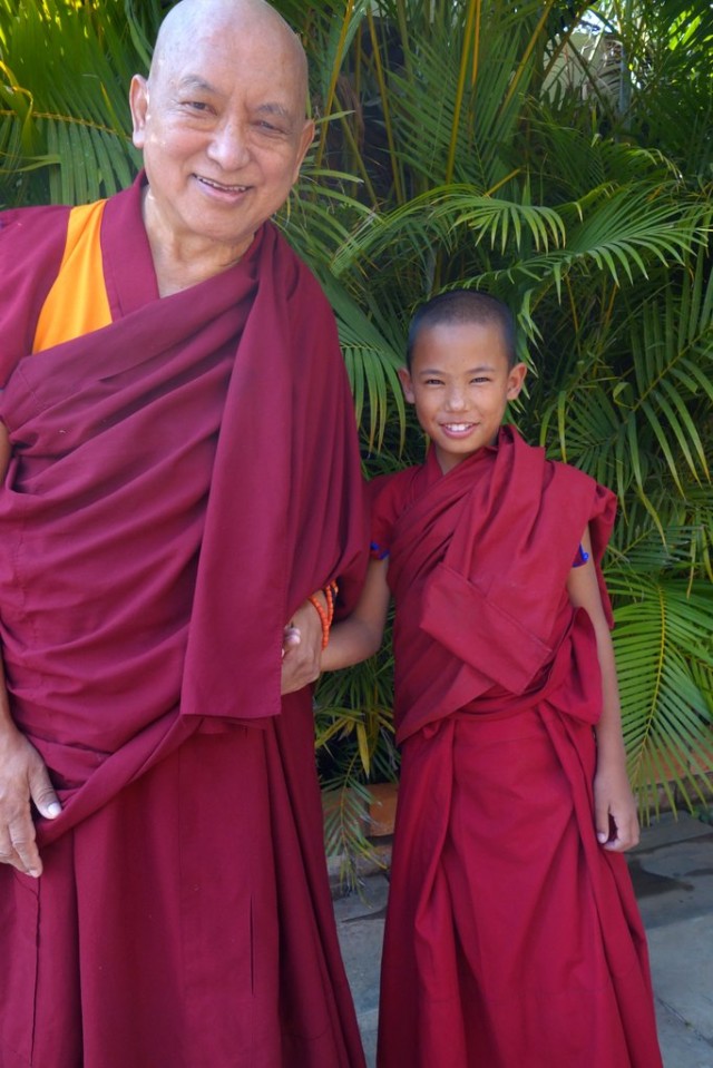 Lama Zopa Rinpoche with the tulku of Gen Lamrimpa, Sera Me Monastery, India, January 2014. Photo by Ven. Roger Kunsang.