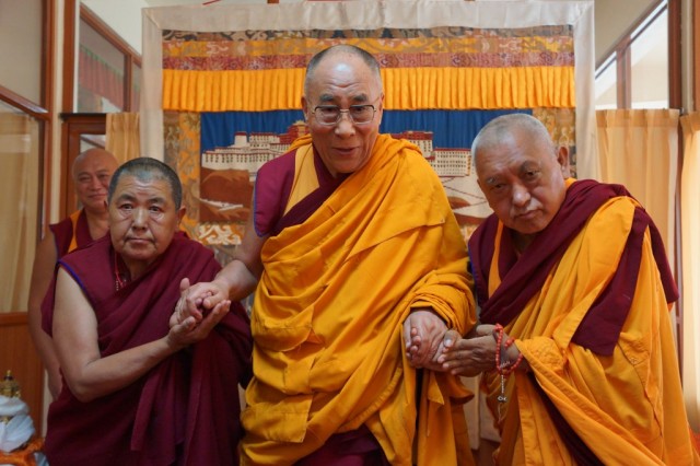 His Holiness the Dalai Lama with Lama Zopa Rinpoche and Ani Ngawang Samten, Sera Monastery, India, January 2, 2014. Photo by Bill Kane.
