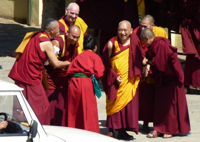 Khadro-la greeting Lama Zopa Rinpoche, Sera Monastery, December 24, 2013. Photo by Melissa Mouldin.