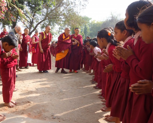 Lama Zopa Rinpoche arriving at Maitreya School, a project of Root Institute, Bodhgaya, January 2014. Photo by Ven. Roger Kunsang.