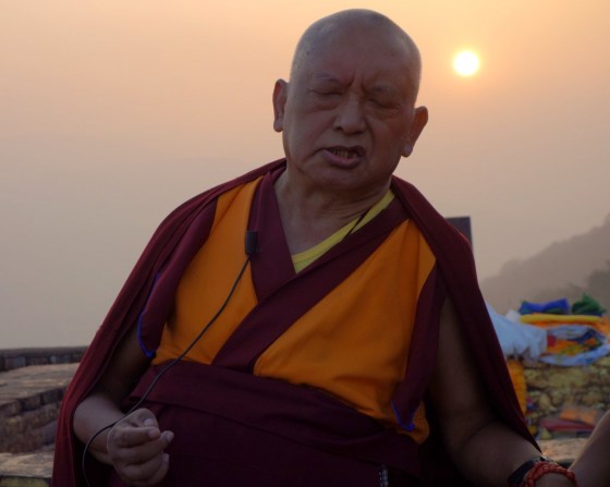 As the sun starts to disappear on Rajgir, Lama Zopa Rinpoche's teaching continues. February 2, 2014. Photo by Ven.Roger Kunsang.