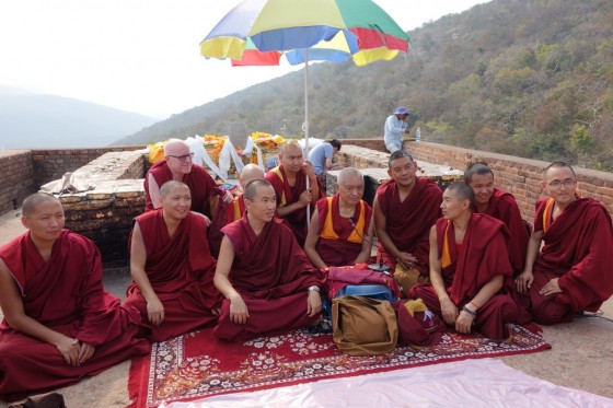 Lama Zopa Rinpoche with  monks at Vulture's Peak, India, March 2014. Photo by Ven. Roger Kunsang.