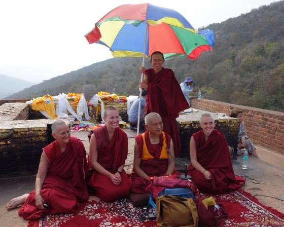 Lama Zopa Rinpoche with nuns at Vulture's Peak, India, March 2014. Photo by Ven. Roger Kunsang.